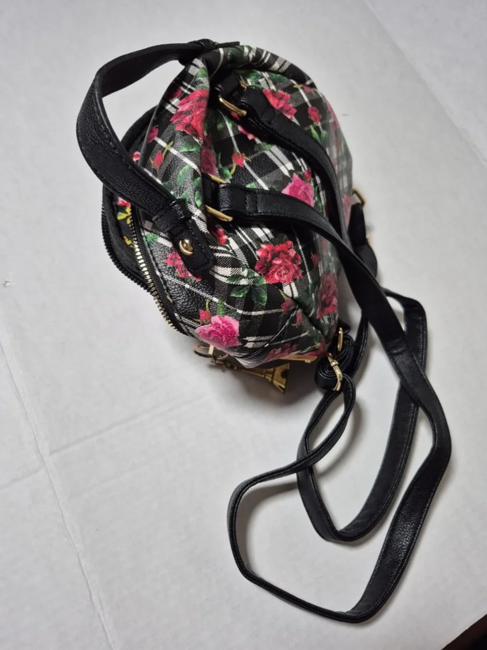 Betsey Johnson Cat Face Mini Backpack Floral Plaid Rose Kitsch Bag